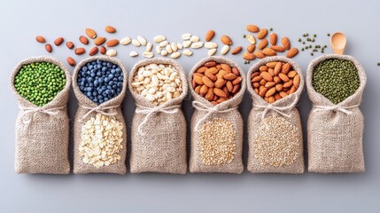Six burlap sacks filled with various food items: green peas, blueberries, oats, quinoa, almonds, and mung beans. Scattered almonds, peanuts, and other nuts are
