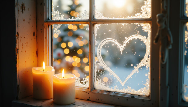 Frosty window with heart shape and candles on winter evening
