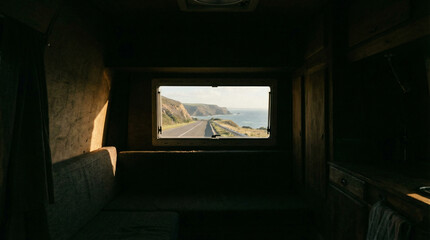 Cozy van interior featuring a scenic coastal view through the window, ideal for travel blogs or adventure-themed content.