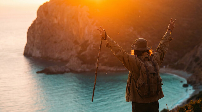 A joyful adventurer at sunset over a coastal landscape, perfect for travel and adventure themes. - Powered by Adobe
