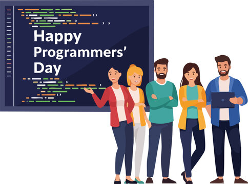 A group of four diverse programmers standing together in casual office attire with a large computer screen displaying Happy Programmers' Day in the background.