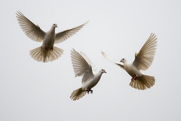 Fototapeta premium Three white doves flying in the sky with wings spread wide