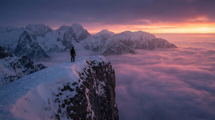 A hiker stands on a snowy cliff at sunrise, capturing the beauty of mountain peaks, ideal for winter travel content.