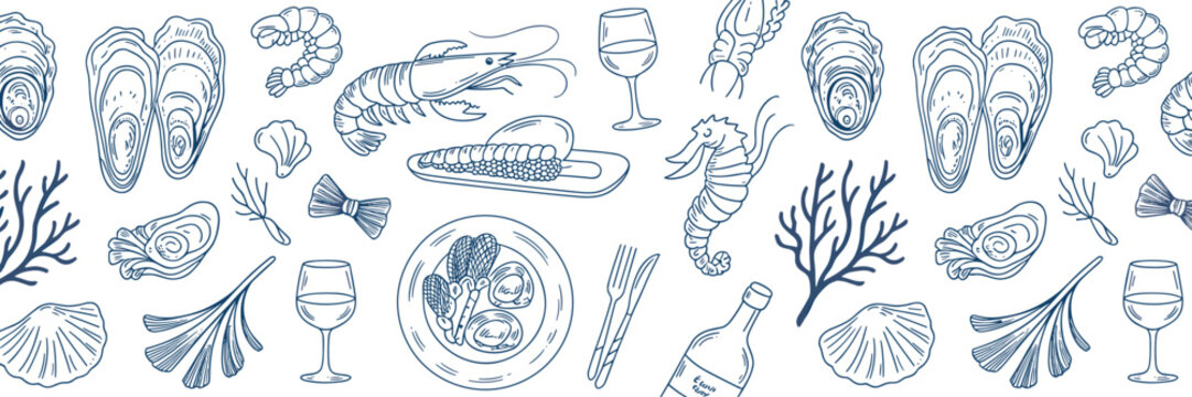 Seafood restaurant menu pattern with oysters shrimp and wine glass prawn lobster