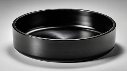 A close-up, low-angle studio shot of a shallow, black metal bowl with a brushed finish, set against a plain white background. The lighting is soft and highlight