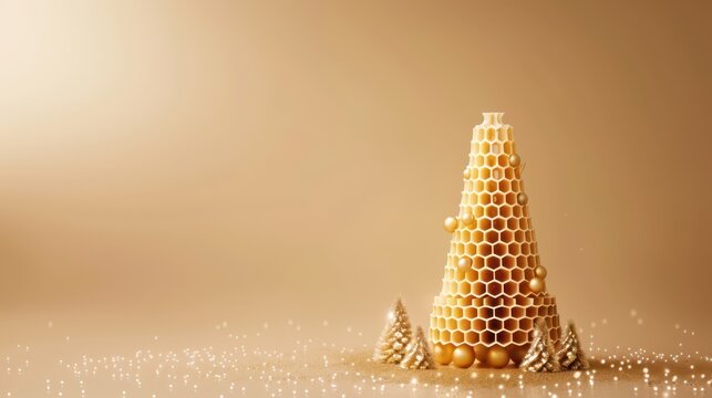 Unique honeycomb christmas tree with festive decorations for holiday celebration. Horizontal banner. Copy space. Free space for text - Powered by Adobe