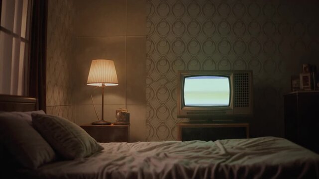 Cinematic dim vintage bedroom with an old CRT television showing colorful glitch static and a glowing bedside lamp, eerie quiet retro atmosphere, mysterious horror mood, seamless looping footage.