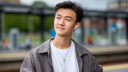 Thoughtful young asian man wearing white wired earbuds, standing on a blurred outdoor train station platform, symbolizing travel, urban lifestyle, and music communication technology.
