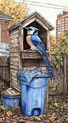 A detailed watercolor illustration of a vibrant blue jay perched inside a weathered wooden structure, possibly a birdhouse or shelter, with a blue trash can and