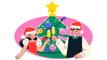 Woman and man in Santa hat celebrates New Year with champagne glasses. Christmas tree with garland and toys. Cheers concept. Flat vector illustration.