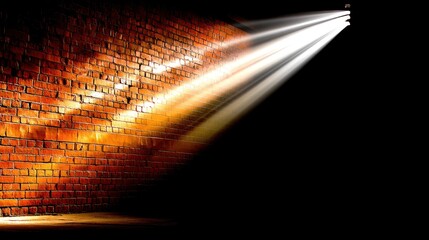A textured brick wall illuminated by a dramatic spotlight casting strong beams of light and shadow across its surface.