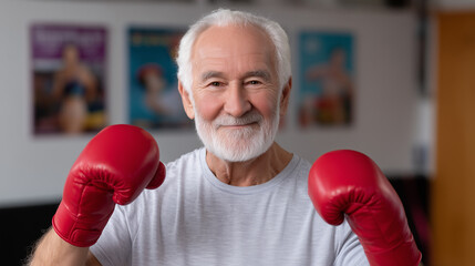 Smiling happy senior man with a white beard and gray hair wearing red boxing gloves, posing confidently in a gym, symbolizing active aging, fitness, and vitality in retirement.