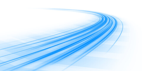 Glowing blue and white trails weave through a dark abstract city scene with smooth continuous flow. The soft curves create a sense of speed and motion. The effect adds futuristic depth ideal for techn © Strongstock03