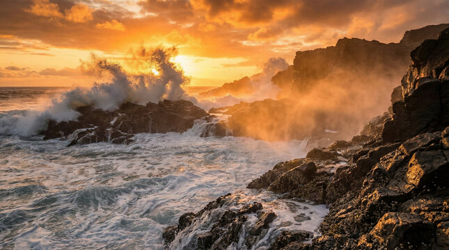 Waves crashing on rocks under a vibrant sunset, ideal for dramatic coastal visuals.