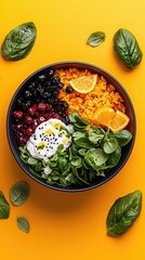 A black bowl filled with a vibrant Buddha bowl, featuring sections of orange rice, blueberries, cranberries, creamy yogurt with black sesame seeds, and fresh gr