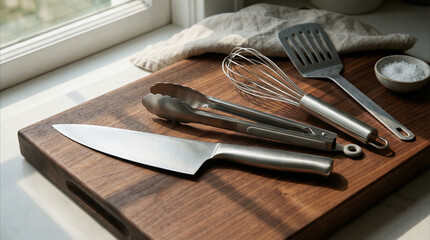 Stylish kitchen tools like a knife, tongs, and whisk on a wooden cutting board, perfect for cooking blogs and culinary ads.