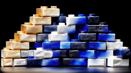A pyramid-shaped stack of interlocking building blocks, transitioning in color from golden-brown at the top left to deep blue and white at the bottom right, aga