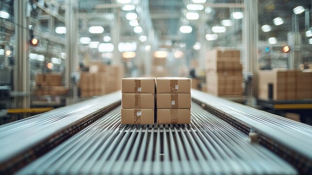 Boxes stacked on conveyor belt in a bright, blurred warehouse environment