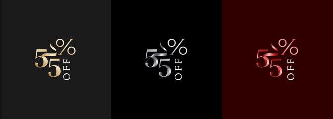 Precentage discount luxury number 55, 55 percent discount design with elegant color gold, silver and red. Promotional sale marketing design tamplate.