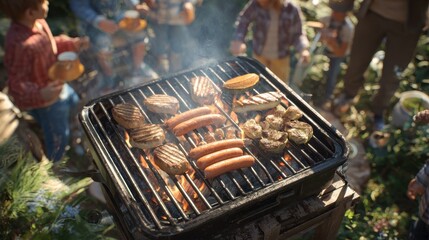 outdoor family picnic with barbecue grill cooking meat sausages on grill family gathering children parents enjoying relaxed summer day happiness bonding holiday meal fun celebration 2026