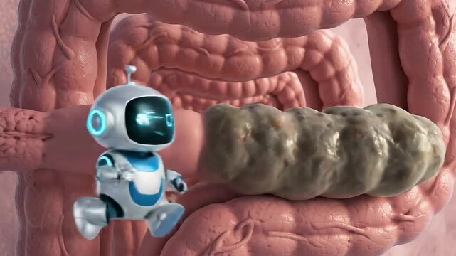 Animated Robot Explaining Digestive System Anatomy And Disease Prevention With Detailed 3D Medical Visualization