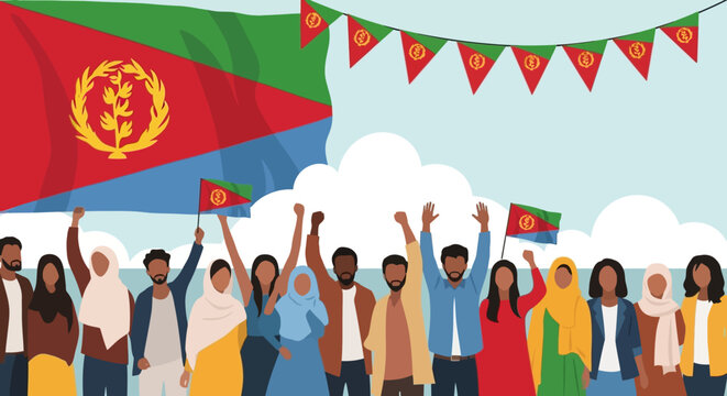 Eritrea National Day Celebration Diverse Crowd Waving Flags