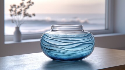 Glass vase with water, wavy patterns. Soft light, window to ocean in the background