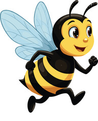 Cute cartoon bee running with smiling face, playful insect vector illustration, adorable children’s design, educational animal artwork for kids projects