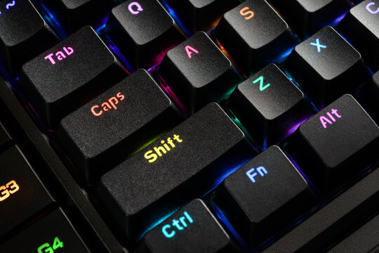 Close up gaming keyboard with backlit rgb keys.