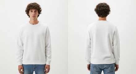 A White Crew Neck Sweatshirt Displayed Front and Back Against a Plain White Background