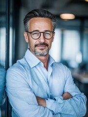 Obraz premium confident handsome mature businessman professional financial advisor executive leader manager male lawyer or man entrepreneur in glasses standing in office posing for headshot business portrait no lo