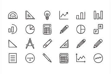 Geometry and calculation icon bundle featuring pie charts and compasses