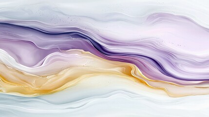 Abstract fluid art with swirling layers of purple, gold, and white, creating a sense of movement and depth.