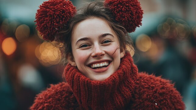 joyful young woman with whimsical pompom ears exuding festive winter warmth reminiscent of whimsical scandinavian jul celebrations 2026