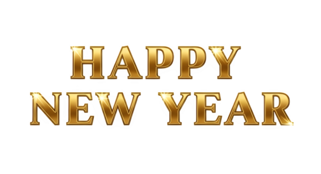 Golden three dimensional text reading happy new year isolated on transparent background, perfect for holiday greeting cards and seasonal celebration announcements
