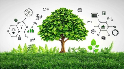 Lush tree on grass, with energy and technology icons floating around it