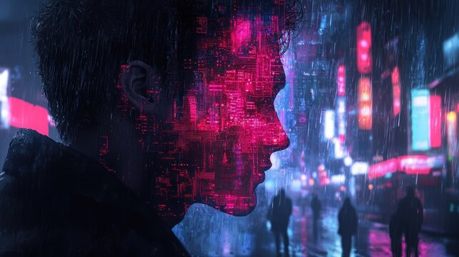 Man's profile merges with cyberpunk city lights, rain blurs street view
