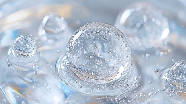 Macro shot clear bubbles suspended in a shimmering, slightly textured liquid
