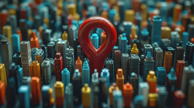 Miniature city with central, glossy red map pin pointing location