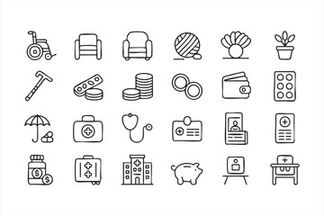 Minimalist healthcare and elderly support icons for medical and financial wellness