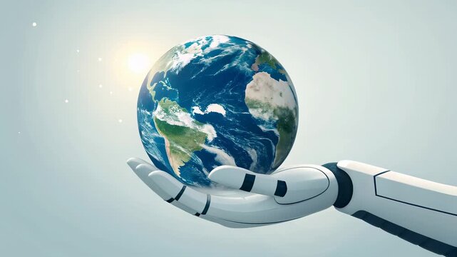 Ethical AI innovation concept with robotic hand gently holding earth globe, symbolizing responsible technology, global progress, and hope for future