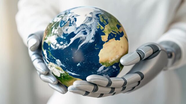 Robotic hand gently holding Earth globe symbolizes ethical artificial intelligence innovation, global responsibility, and sustainable technology