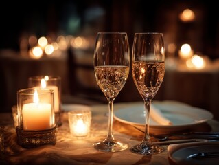 Champagne flutes with candles on a table