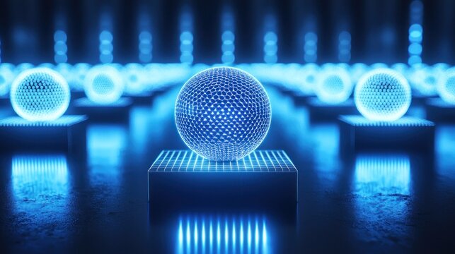 Rows of glowing blue spheres on platforms, with a blurred background light array