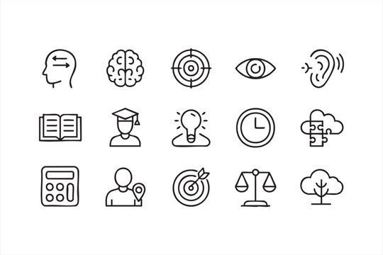 Minimal vector icons representing learning, cognition, creativity and problem solving