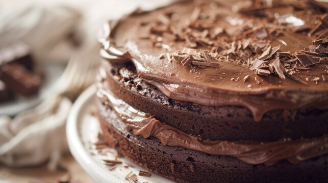A rich chocolate cake with layers of creamy frosting and chocolate shavings on top. The cake is placed on a white plate, surrounded by dessert utensils. - Powered by Adobe