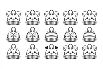 Cute line art beanies with animal faces for children’s fashion and crafts