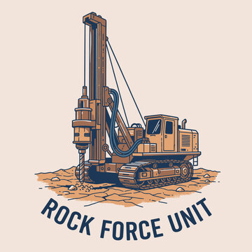 Retro drilling machine badge.Vintage vector drilling rig.Construction heavy duty equipment.Rock force unit illustration.Mining drill vintage graphic