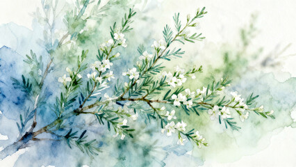 Delicate White Flower and Pine Needle Branch Watercolor ,Soft Botanical Illustration of Rosemary Sprig on Blue Wash ,Winter Foliage Art: Evergreen Branch with Tiny Blooms