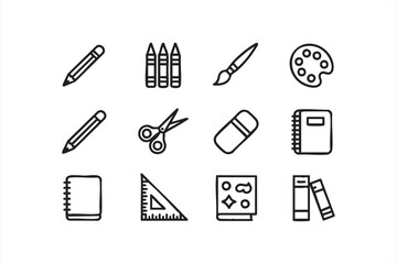 Obraz premium Minimal line art stationery symbols for learning, drawing and teaching materials
